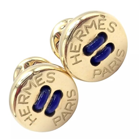 Hermes Other - Rare! Vintage Authentic Hermes Paris 18k Yellow Gold Mens Lapis Button Cufflinks